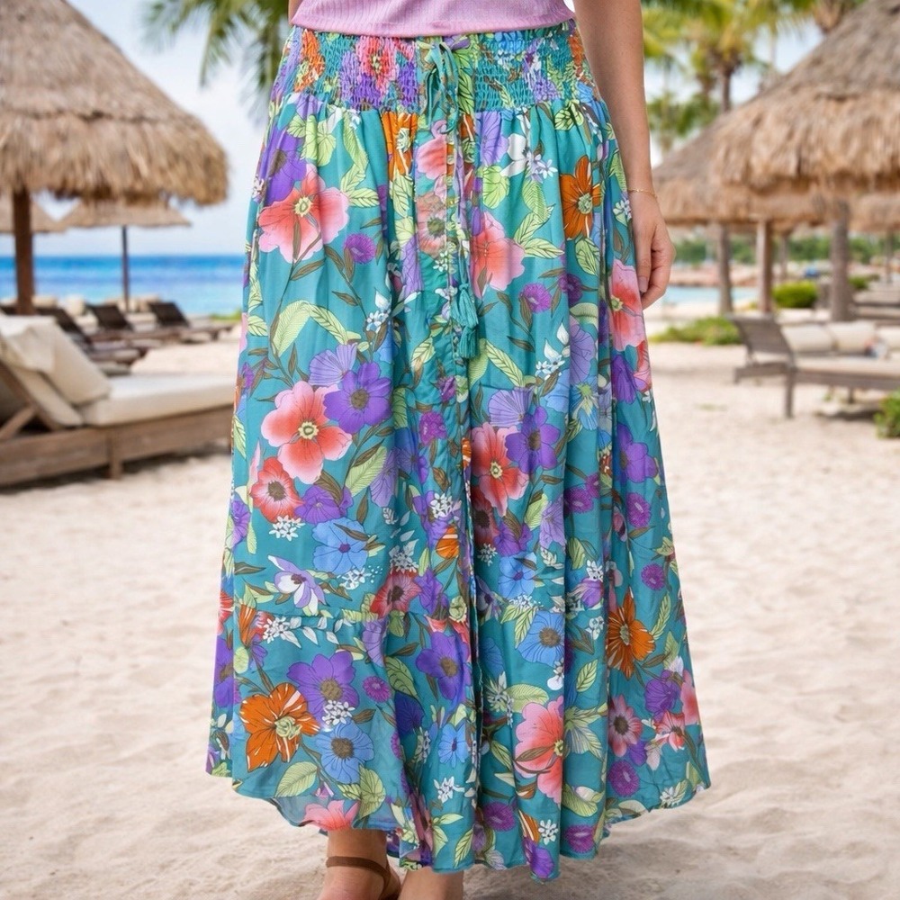 NEW Rachel Roy Multicolor Floral Button Front Ruffle Maxi Skirt Resort Coastal L